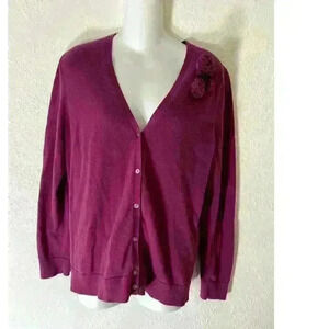 Lands End Cardigan Sweater Womens Medium Purple Classic Flowers Button Front